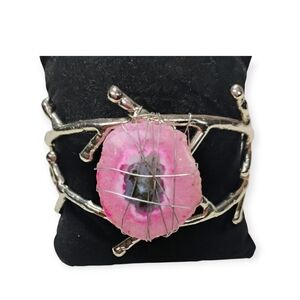 Pink Geode Bracelet Silver Branch Band